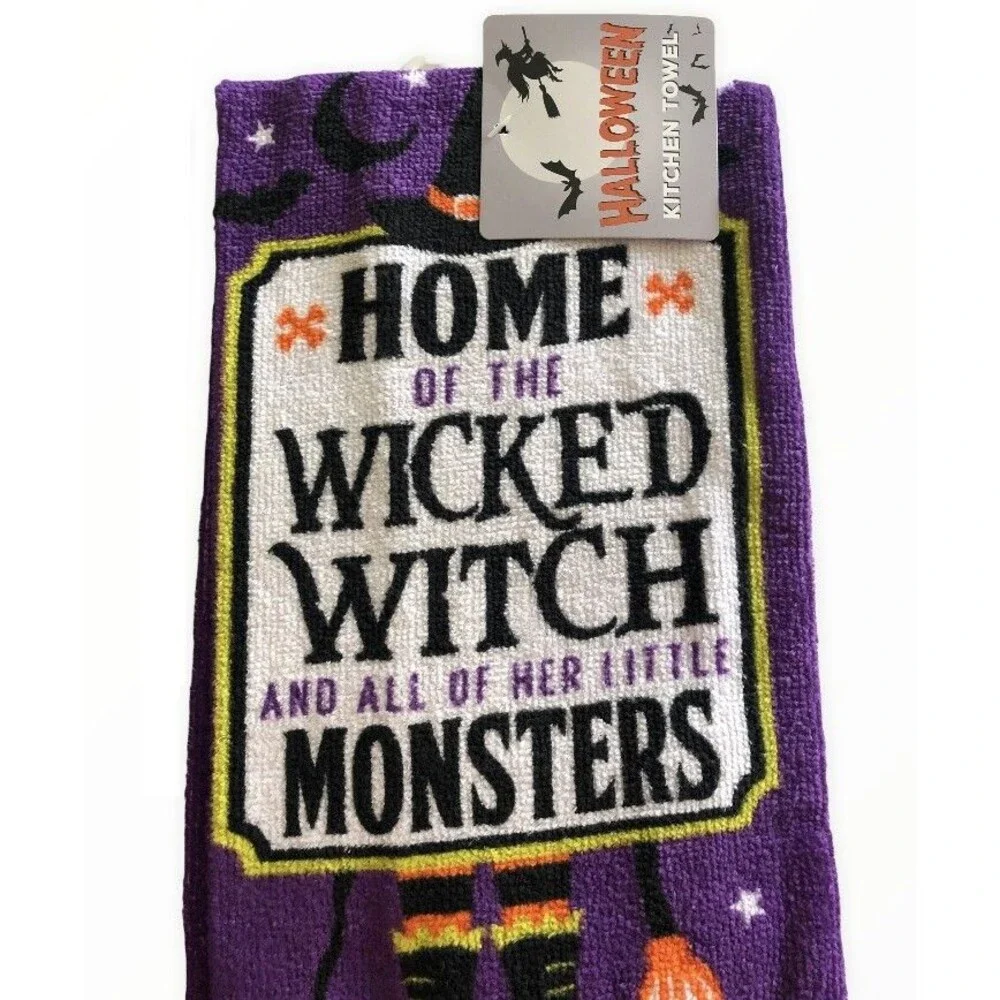 Halloween Trick Treat Kitchen Dish Towels Home of Wicked Witch Monster Set of 2